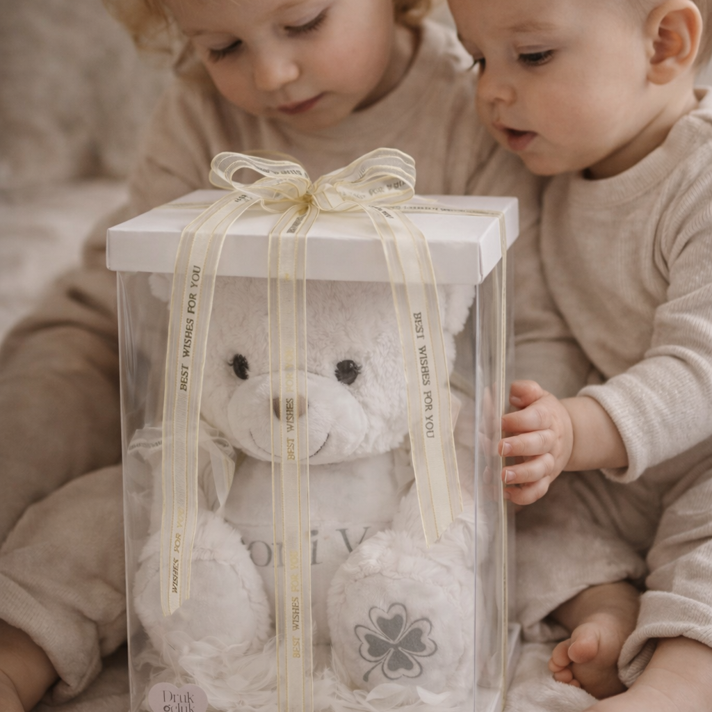 Geschenkdoos wit wens / sterren knuffel 23 cm - Drukgeluk