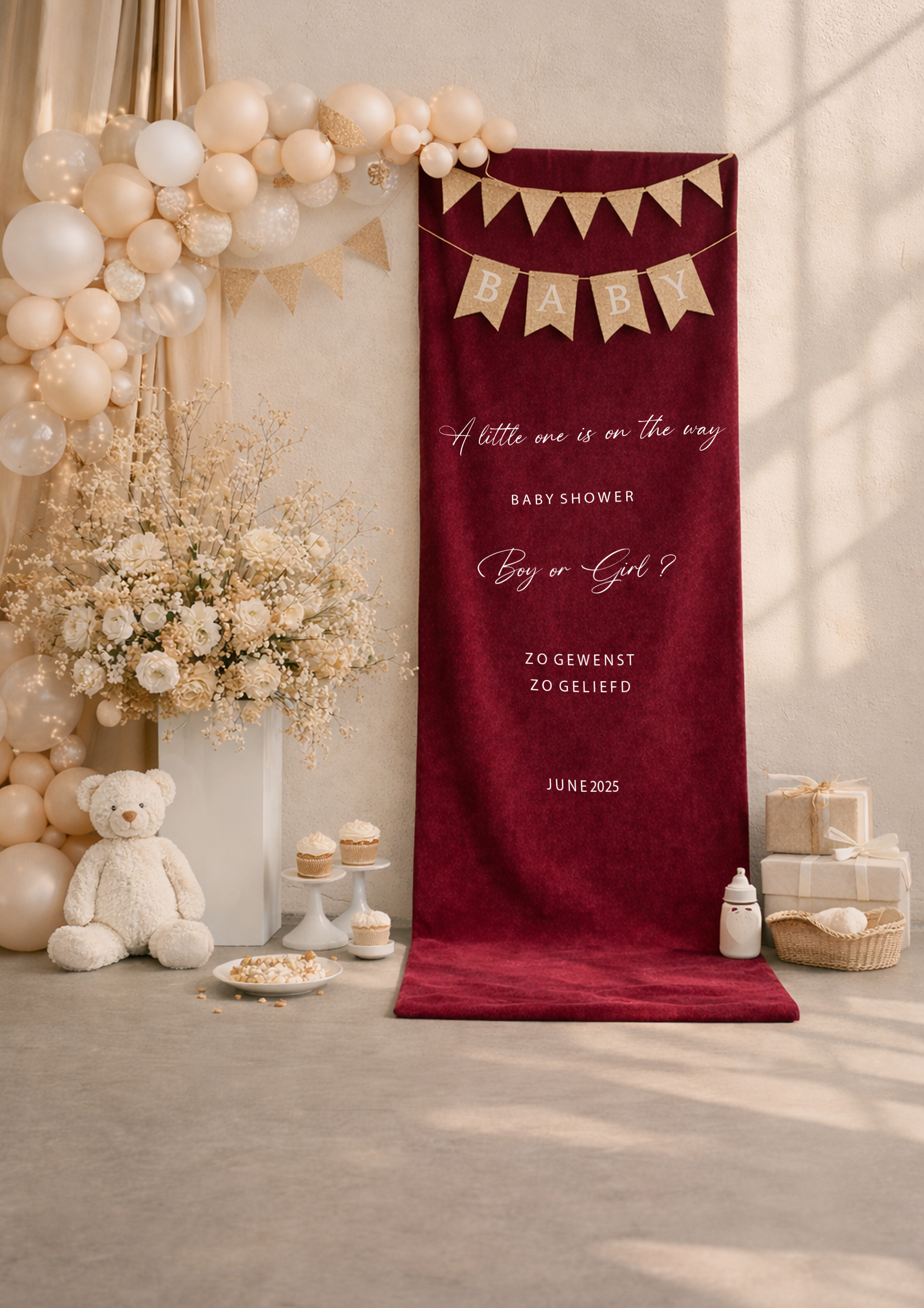 Luxe babyshower banner fluweel bordeaux – inclusief lint | Drukgeluk