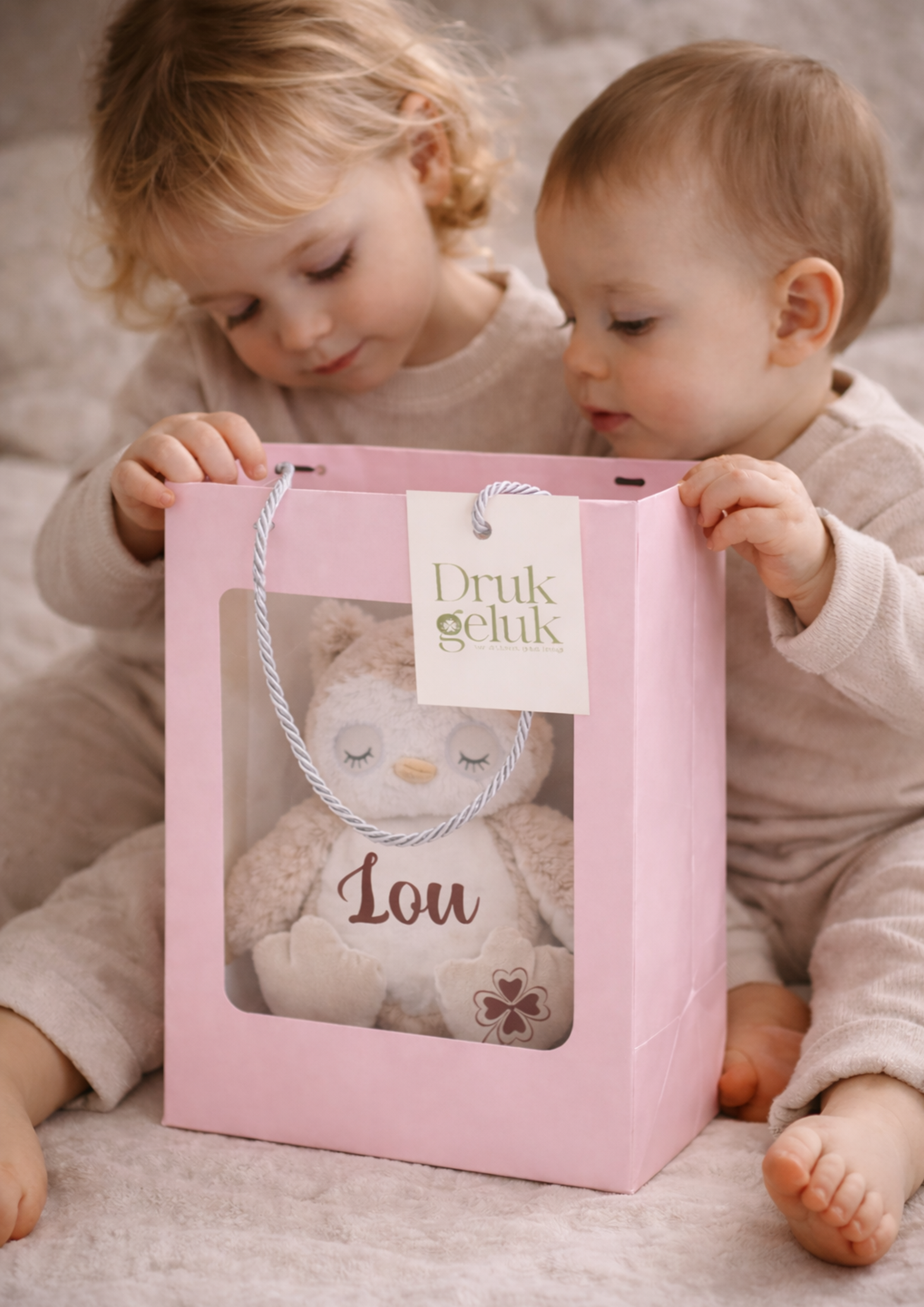 Cadeauverpakking roze wens / sterren knuffel 40 cm - Drukgeluk