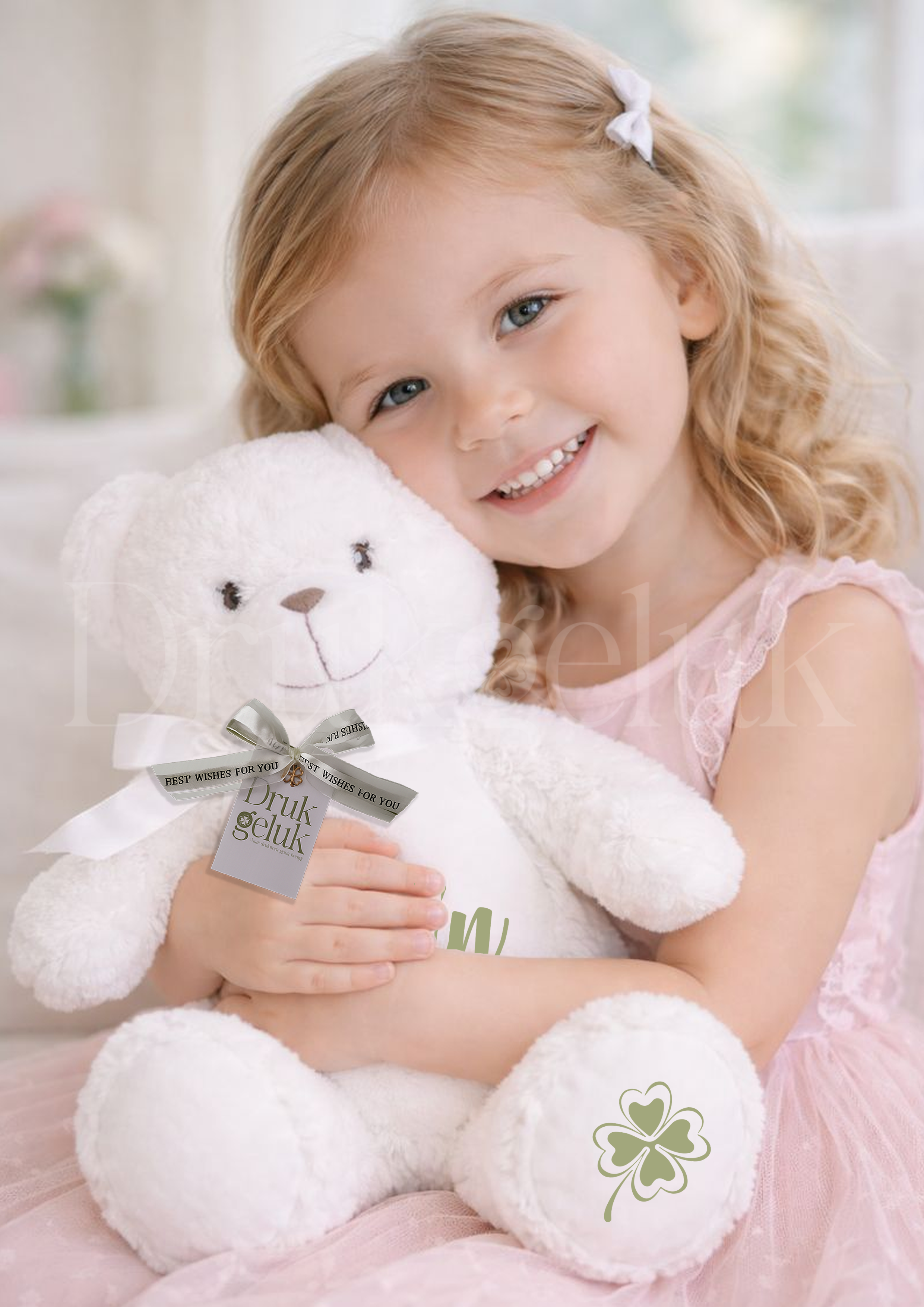 Wensknuffel Teddy wit 23cm - Drukgeluk