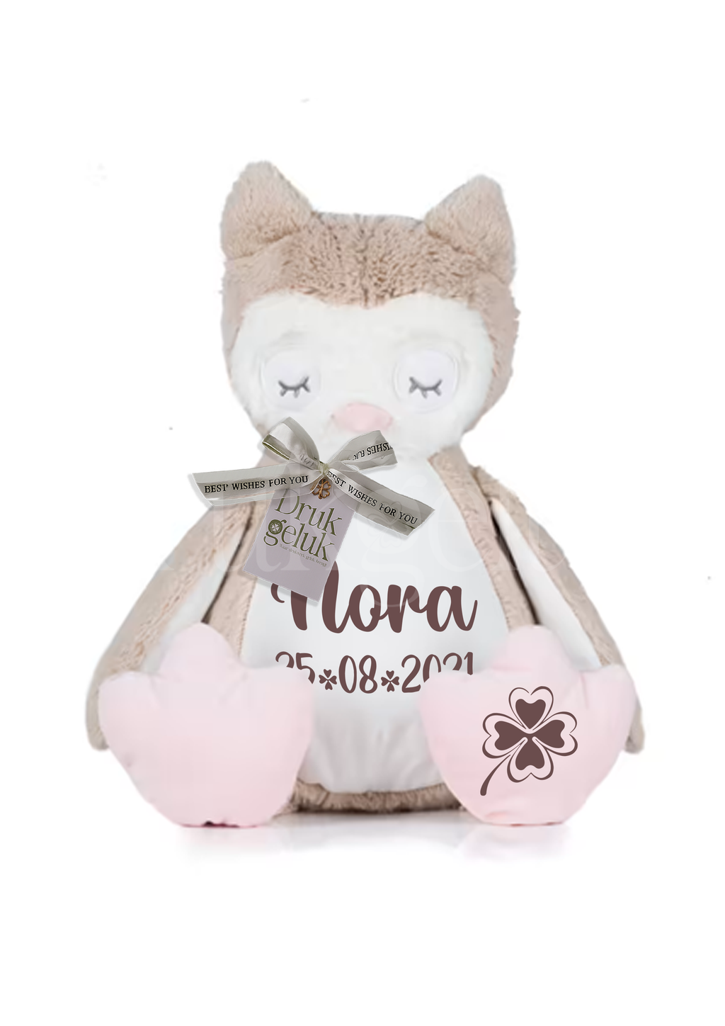Wensknuffel Uil beige met rits 40 cm - Drukgeluk