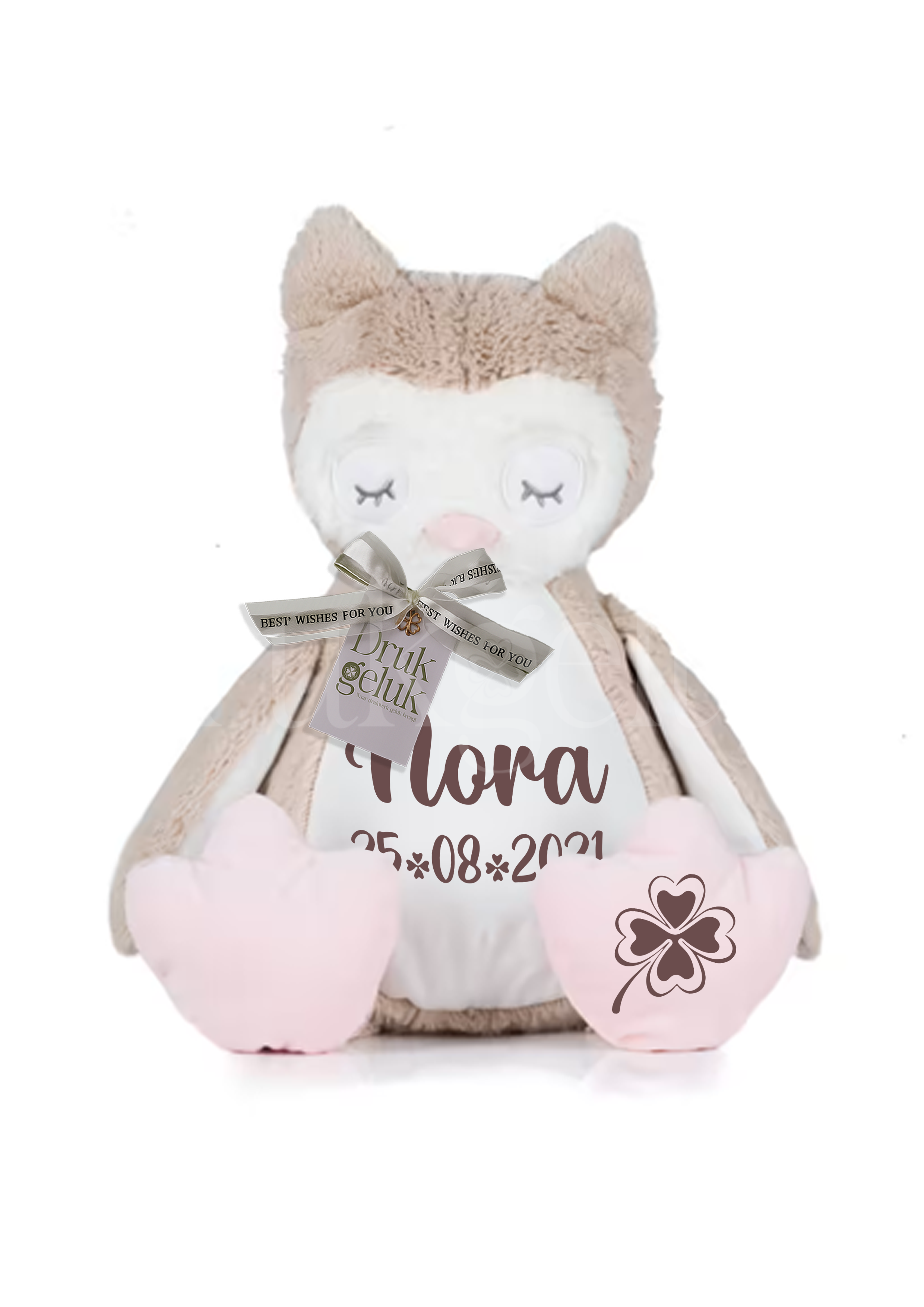 Wensknuffel Uil beige met rits 40 cm - Drukgeluk